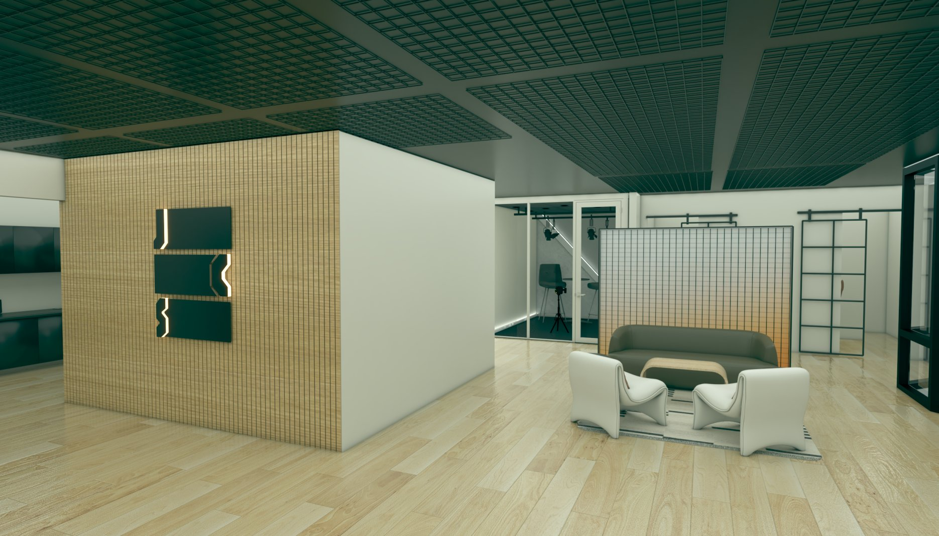 Jump Cut Studios — production-ready lounge with glass-walled studio pods